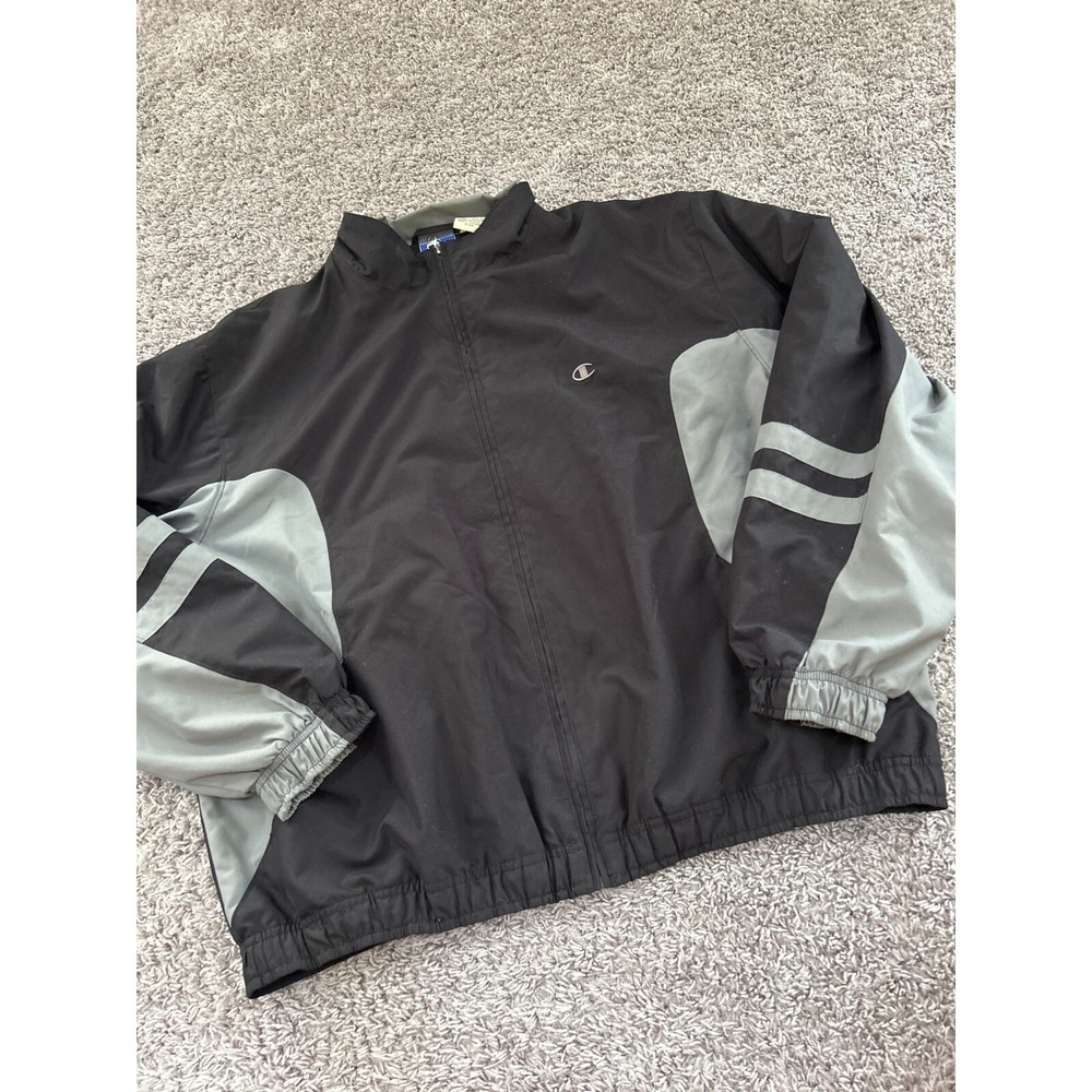 Vintage Champion Windbreaker Jacket Lightweight Full Zip‎ Gray Black Mens Large
